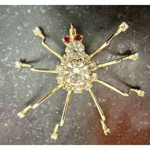 Vintage Rhinestone Spider Brooch Gold Tone Red Eyes Halloween Insect Pin